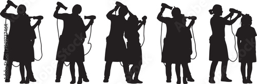 Black Solid Beauty Stylist Blow Dryer Role Silhouettes Set of Six on White Background