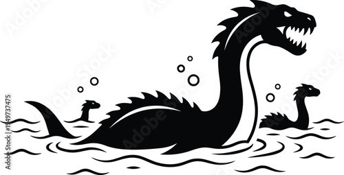 Loch Ness monster silhouette sea serpent lake creature myth legend underwater beast vector illustration fantasy aquatic monster design