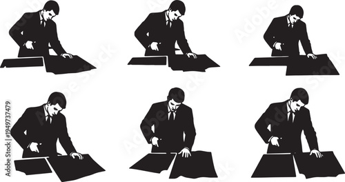 Black Solid Bespoke Tailor Dressmaker Shears Role Silhouettes Set of Six on White Background