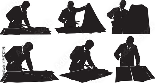 Black Solid Bespoke Tailor Dressmaker Shears Role Silhouettes Set of Six on White Background