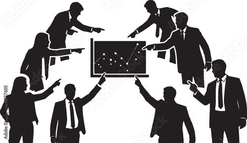 Black Solid Business Analysts Pointing Chart Silhouettes Set of Six on White Background