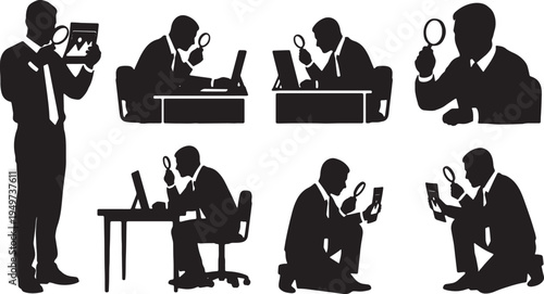 Black Solid Business Analysts Magnifying Loupe Photo Silhouettes Set of Six on White Background