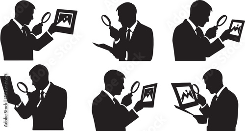 Black Solid Business Analysts Magnifying Loupe Photo Silhouettes Set of Six on White Background