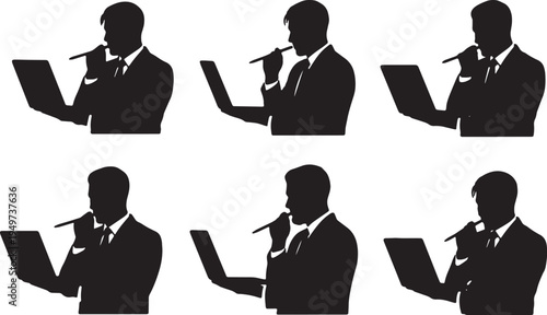 Black Solid Business Analysts Pointing Pencil Silhouettes Set of Six on White Background