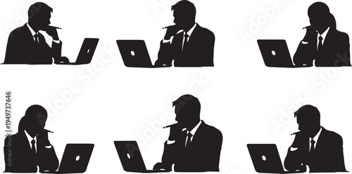 Black Solid Business Analysts Pointing Pencil Silhouettes Set of Six on White Background