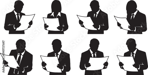 Black Solid Business Analysts Squinting Report Silhouettes Set of Six on White Background