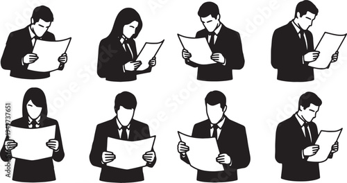 Black Solid Business Analysts Squinting Report Silhouettes Set of Six on White Background