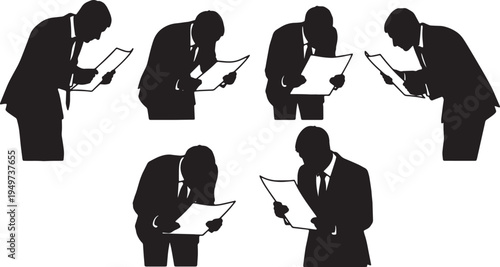 Black Solid Business Analysts Squinting Report Silhouettes Set of Six on White Background