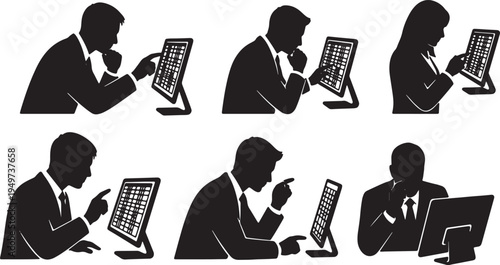 Black Solid Business Analysts Squinting Spreadsheet Silhouettes Set of Six on White Background