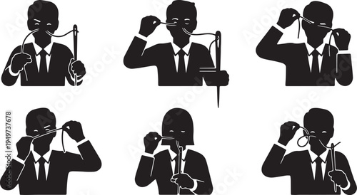 Black Solid Business Analysts Threading Needle Silhouettes Set of Six on White Background