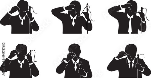 Black Solid Business Analysts Threading Needle Silhouettes Set of Six on White Background