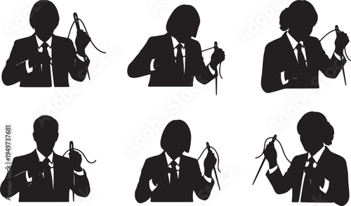 Black Solid Business Analysts Threading Needle Silhouettes Set of Six on White Background