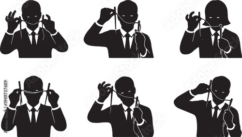 Black Solid Business Analysts Threading Needle Silhouettes Set of Six on White Background