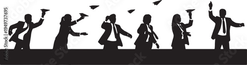 Black Solid Business Analysts Paper Airplanes Desk Silhouettes Set of Six on White Background