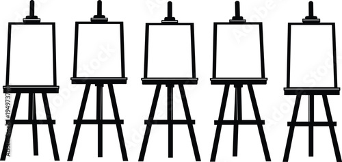 Artist easel silhouettes set with blank canvas, painting stand studio art equipment vector illustration collection isolated