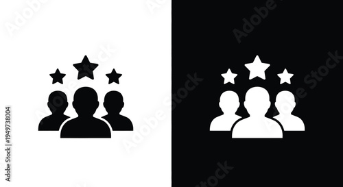 Customer satisfaction, team success icon with silhouettes of people with stars above their heads.  Customer reviews, feedback, and user experience. team achievement, grade ranking, service excellence