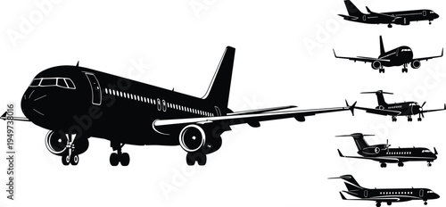 Airplane silhouettes collection, passenger jet aircraft aviation transport flying travel vector illustration set isolated