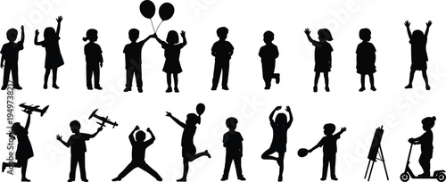 Children silhouettes collection with kids playing, jumping, holding balloons, toys and activities, playful childhood lifestyle isolated on white background vector style set