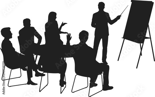Business presentation meeting silhouette with speaker pointing at flip chart, team discussion training seminar, corporate workshop audience learning isolated on white background