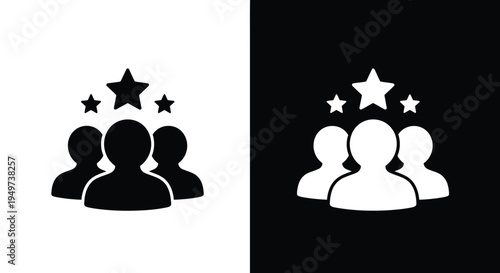 Customer satisfaction, team success icon with silhouettes of people with stars above their heads.  Customer reviews, feedback, and user experience. team achievement, grade ranking, service excellence