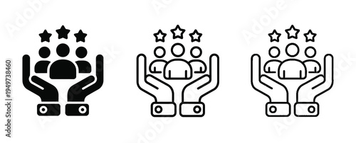 Customer care icon set, human figures held in hands with stars above representing leadership, teamwork, high-quality service, and client support in a clean vector illustration collection.