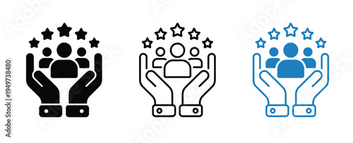 Human figures in hands icon set, customer care symbols with stars highlighting leadership, teamwork, excellence, and professional support for service-oriented design projects.