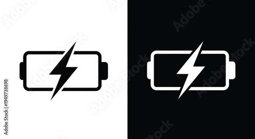 Lightning fast battery charging icon in black and white wit  lightning bolt symbol to indicate charging status or energy transfer. 