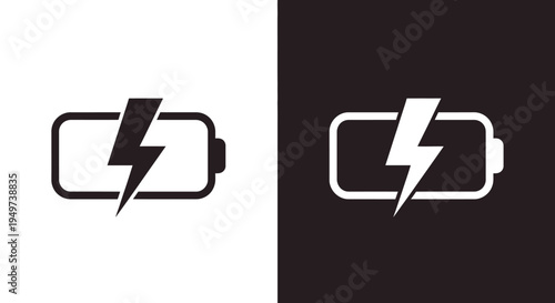 Lightning fast battery charging icon in black and white wit  lightning bolt symbol to indicate charging status or energy transfer. 