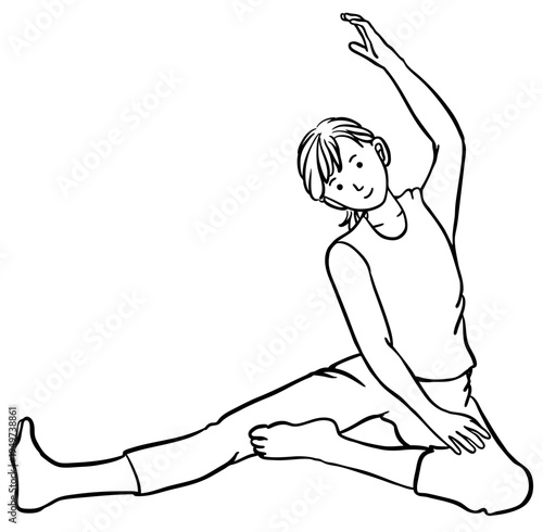 ストレッチする若い女性のイラスト　線画