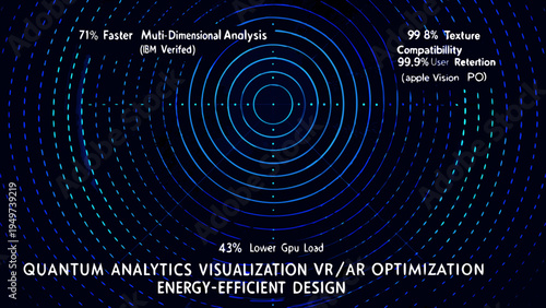 Abstract blue circular graphic with text highlighting analysis and optimization metrics