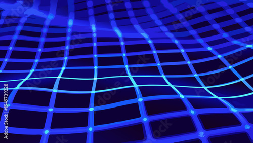 Abstract blue grid pattern with warped lines and glowing nodes