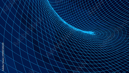 Abstract blue wireframe tunnel with a swirling vortex like geometric design