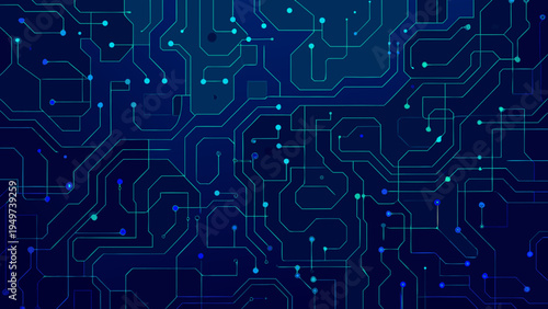 Abstract blue circuit board pattern with interconnected lines and nodes