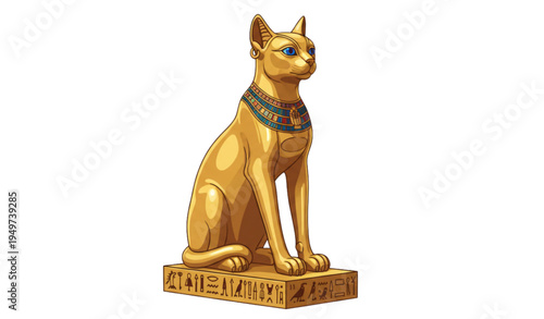 A golden Egyptian cat statue with blue eyes and a collar
