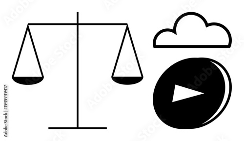 Legal technology, cloud computing, digital media, online justice, remote law services, innovation in law. A balance scale, cloud icon and digital play button . Legal technology and cloud computing