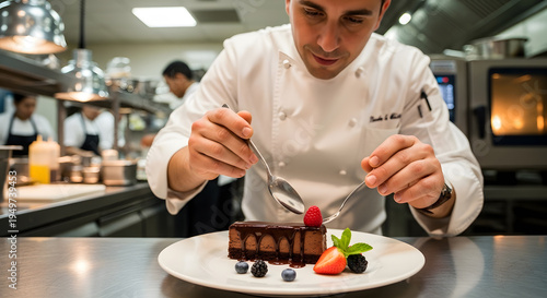 A focused male chef delicately placing a raspberry on top of a chocolate mousse cake using spoons in a professional restaurant kitchen