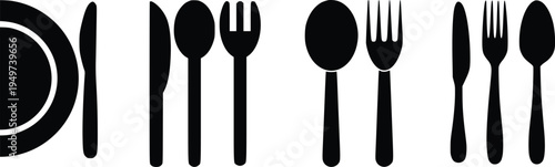 Dining Cutlery Silhouette Vector Set – Plate, Spoon, Fork and Knife Kitchen Utensils Icon Collection