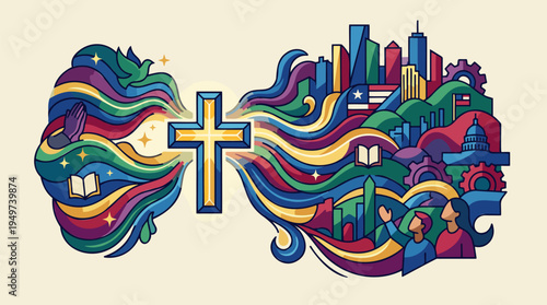 Christian Cross, City Skyline, People, Glowing with Praying Hands, Flowing Colorful Ribbons, symbolizing Faith, Community, Society, Governance. Vibrant Modern Flat Vector Digital Illustration.