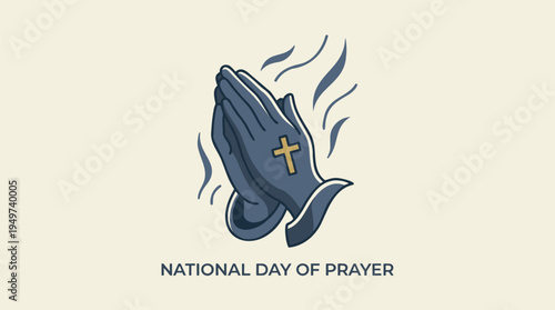 Praying Hands with Cross Symbol, spiritual aura for National Prayer Day, faith, spirituality. Flat Vector Art, minimalist, muted tones. Graphic Illustration.