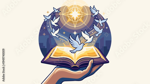 Hand holding open book, doves fly from shining star, city skyline. Spiritual knowledge, peace, freedom. Modern flat vector, blue gold graphic illustration.