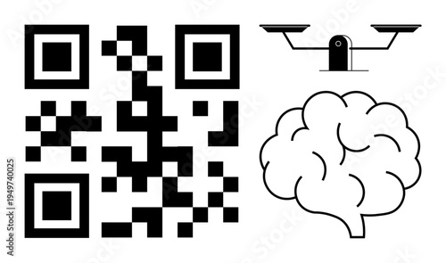 Technology, legal systems, cognitive science, problem-solving, data management, decision-making. QR code, brain scales. Technology and legal systems concepts blending in digital symbolism and ethics