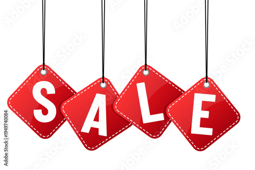 Red hanging sale tags isolated on white background Big discount sale concept for retail promotion