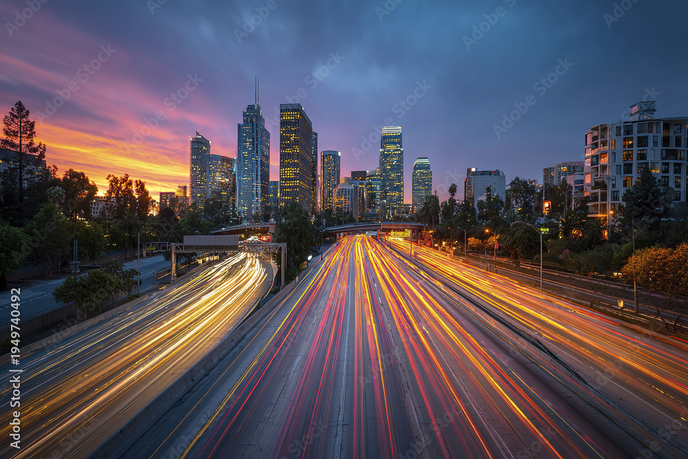 Obraz premium Long exposure traffic light trails on busy highway with city skyline and colorful sunset sky, creating dynamic urban scene full of motion and vibrant energy