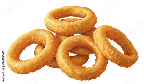 A pile of crispy onion rings on a white background