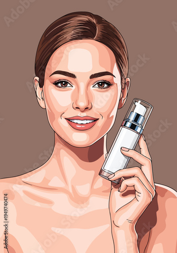 Cosmetic serum pump held by happy brunette female illustration