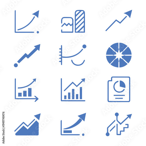 Graph and Chart icon set. Icons related to data, increase, growth, pie chart, data analytics, report and more. Outline icon with Editable stroke. Vector illustration