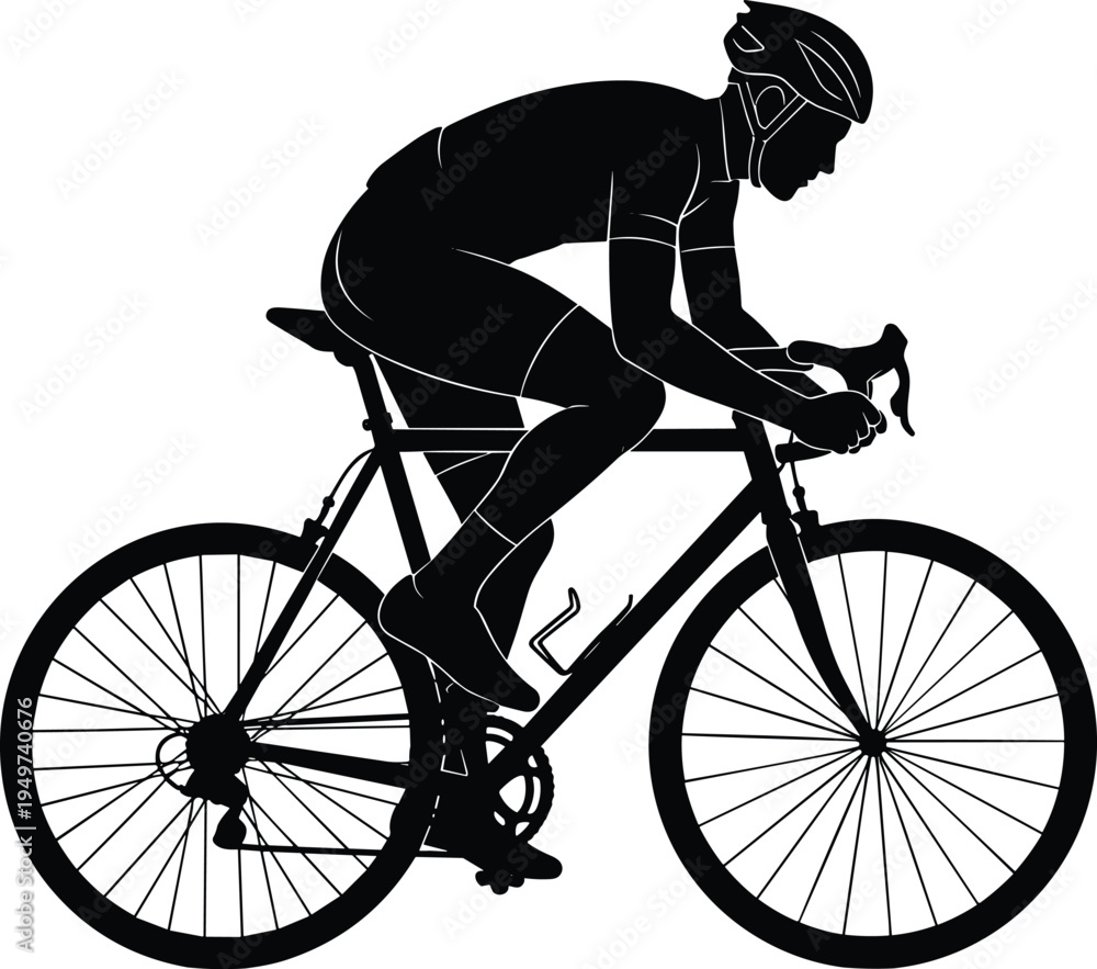 Fototapeta premium Black silhouette of male cyclist riding road bike, active sports man vector illustration, athletic graphic design element on white background