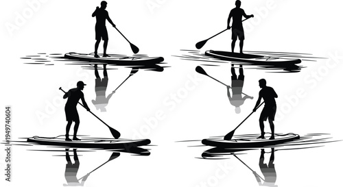 Silhouette of man on stand up paddleboard, active water sport recreation, surfing reflection on white background, vector illustration design element