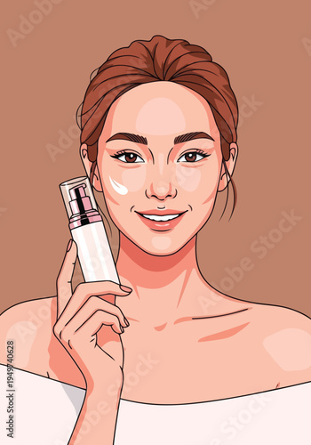 Woman applying face moisturizer holding pump bottle vector