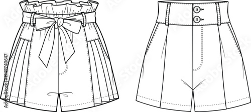 Women summer shorts fashion flat sketch vector illustration, high waist apparel technical drawing, clothing design element isolated on white background